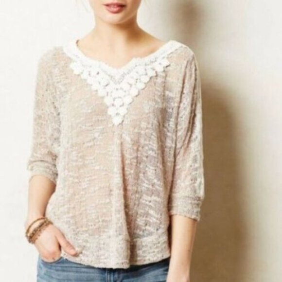 Anthropologie Meadow Rue Crochet Taupe Crochet Lace Pullover Sweater  XS - Picture 4 of 12